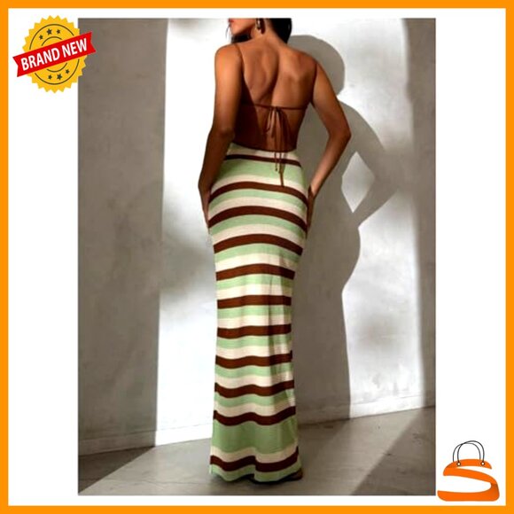 Striped Crochet Sweater Dress Tie Backless Bodycon Maxi Summer Beach - Picture 3 of 5